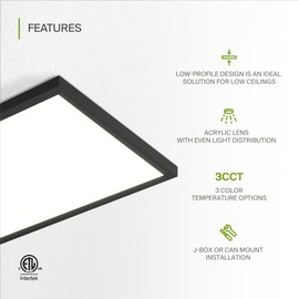 ASD LED 12" Square Flush Mount Light | 24W 1820LM 3000-5000K 120V | 3CCT, Dimmable, Ultra Slim, ETL Listed | Thin Surface Lamp, Bedroom Ceiling Lighting | Black