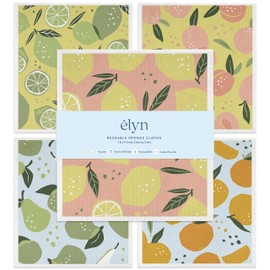ELYN Swedish Dishcloths, Reusable & Washable Sponge Cloths, Absorbent Cleaning Paper Towels for Kitchen, Dishes, Counters and More, 5 Pack, Assorted Fruit Pattern