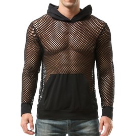 Men’s Sheer See Through Top Workout Fishnet Hoodie Mesh Long Sleeve Pullover Shirts Breathable Soft Stretchy Transparent Top for Sport Club Party Casual Black S