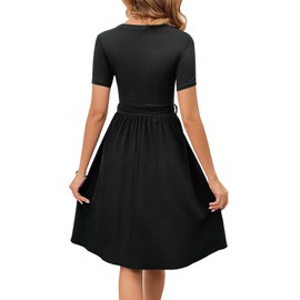 Summer Casual Dresses for Women Elegant Vintage Round Neck Short Sleeve A-Line Business Work Dress with Belt 809 Black L