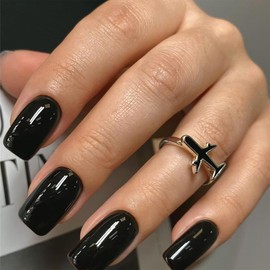 Black Nails Press ons, Press on Nails Medium Square Glue on Nails Medium Length, Short Acrylic Nails Glue on Medium Coffin Nails Fake Nails False Nails for Women, Thick Solid Color Gel Nails 24Pcs