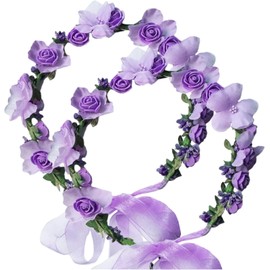 2 Pack Flower Crown Headband Garland Hair Bands Floral Wedding Bridal Hair Hoop Women Leaf Ribbon Party Decoration Headdress Christmas Handmade Headpiece Hair Accessories (Purple, One size)