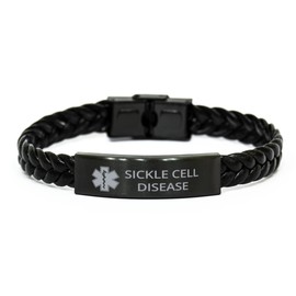 DARIN GIFT Medical Alert Braided Leather Bracelet, Sickle Cell Disease Awareness, SOS Emergency Health Life Alert ID Engraved Stainless Steel Jewelry Silver Bracelet for Men Women Kis