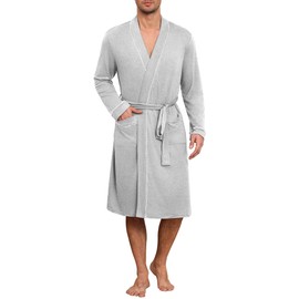 Ekouaer Mens Robes Lightweight Knit Bathrobe Long Sleeve Kimono Robe V Neck Spa Knee Length Sleepwear with Pockets S-XXL