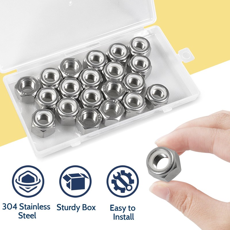 Vifmy 20 Pack 1/2"-13 Inch Locknuts,304 (A2-70) Stainless Steel Nylon