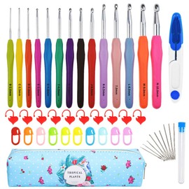 JOZEA Crochet Hook Set, 14 Pieces, Ergonomic, Soft Non-Slip Yarn Crochet Hook Set with Rubber Handles and Case. Ideal for All Types of Patterns and Yarns