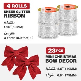 23pcs 5.5'' Mini Christmas Bow Decorations and 4 Rolls Sheer Glitter Ribbon, Sequin Wreaths Bows and Organza for Christmas Tree Ornaments Gift Wrapping (Red Bow and Silver Ribbon)