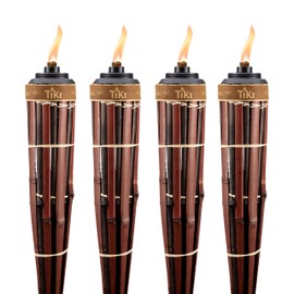 TIKI 60-Inch Bamboo Torches (4-Pack) – Natural Outdoor Torches with Easy Pour Canisters, Long-Lasting Fiberglass Wicks & Snuffers – Patio, Garden, Lawn & Backyard Decor – Walnut/Pecan Finish