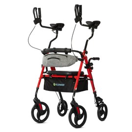 ELENKER Upright Rollator Walker, Stand Up Walkers for Seniors with Armrest, Front Pouch, 10”Wheels, Sponge Padded Seat and Backrest, Fully Adjustment Frame, Red