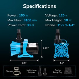 Hexago 3100GPH Submersible Water Pump, 150W Water Pond Pump with Barrier Bag, 33FT Power Cord, 18FT Lift Quiet Water Garden Pumps for Pond, Waterfall, Fountains, Fish Tank and Hydroponic, UL Listed