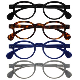 OPULIZE OCA Reading Glasses - 4-Pack - Modern Retro Round Frame - Black Brown Blue Grey - Mens Womens - Spring Hinges - RRRR54-1237 - +2.50