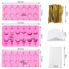 DSIOHFEI 3 Pack Silicone Lollipop Molds, 12-Capacity Hard Candy Molds, Pink Gummy Molds with 100PCS Lollipop Sticks, 100PCS Gold Ties, 100PCS Candy Treat Bags, Chocolate Bar Mold for Candy, Jelly