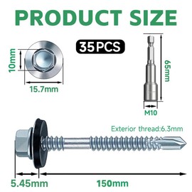 HXJDAM 35pcs Roofing Screws with Rubber Washers, 6.3x150mm Hex Head Self Tapping Screws, Tech Screw for Metal Zinc Plated Corrugated Roofing Cladding Steel Screw for Tin Roof