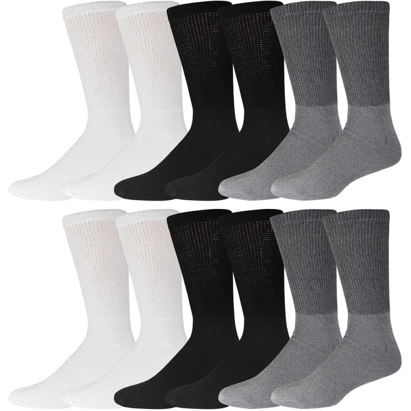 Big and Tall Diabetic Cotton Crew Socks, King Size Mens Athletic Crew Socks (13-16, Black/Gray/White) - 12 pairs