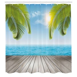 Ambesonne Playa Cortina de Baño, Orilla del mar con Palmeras, Paño Conjunto de Decoración de Baño de Tela y Ganchos, 70" Alto, Verde Gris Cyan