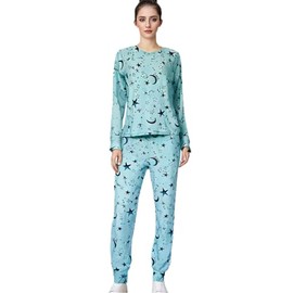Awlsyj Women's Pajamas Lounge Sets 2 Piece Pjs Set Long Sleeve Sleepwear with Pockets(Light Blue Stars Moon,Small)