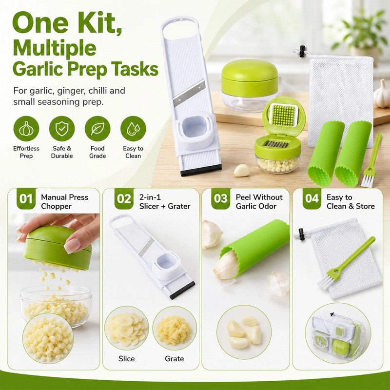 6 Pcs Garlic Press Set, Garlic Chopper and Grater Slicer