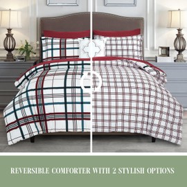 Elegant Comfort 8-Piece Lodge Plaid Reversible Comforter Set - All Season Bed in a Bag, 4-Piece Sheet Set Featuring Smart Pockets, Matching Shams and Decorative Pillow, Full/Queen, Burgundy