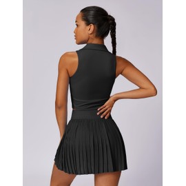 ABEHIK 2 Piece Tennis Dress for Women High Waisted Pleated Tennis Skirt Sets Sleeveless Racerback Padded Crop Top Summer Golf Workout Tennis Athletic Yoga Outfits with Pockets Black M