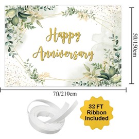 7x5ft Greenery Theme Happy Anniversary Backdrop Green Leaves Gold Glitter Wedding Photography Background for Couples Anniversary Wedding Party Engagement Decorations