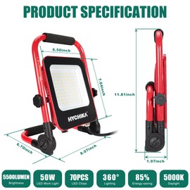 HYCHIKA 50W LED Work Light, 5500 Lumen Portable Flood Lights with Stand, 5000K Daylight for Outdoor, Indoor, Car Repair, Work Shop, Construction Site, Job Site