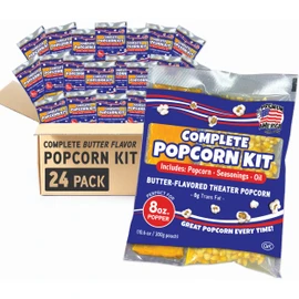 Premium America Popcorn Kit, 24 Packs for a 8oz Popper, Movie Theater & Popcorn Machine Kernels, Oil & Seasoning Packet, Bulk All in One
