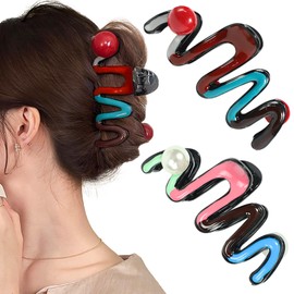 2Pcs Wave Hair Claw Clips Pearl Hair Claw for Women Girls Non-Slip Acrylic Hair Accessories Fashionable Hair Clips for Thin Medium Hair (Black)