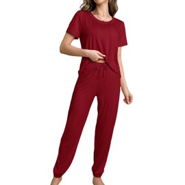 MAIABLEAU Women's Pajama Sets Solid Color Short Sleeve Sleepwear Top and Jogger Pants 2 Piece Loungewear Red L