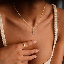 COSHILTA Gold Cross Necklaces for Women, 14K Dainty Gold Plated Cross Necklace Simple Long Chain Round Cubic Zirconia Pendant Jewelry Gift for Women Trendy