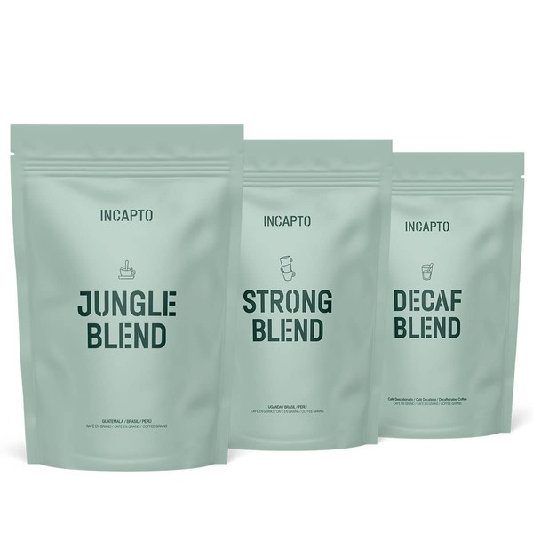Incapto Natural Bean Coffee - Coffee Bean Pack | Discover Our Blend Coffees | Strong Blend, Jungle Blend and Decaf Blend | Natural Roast | Coffee Tasting Pack | 3 x 100g Sachets