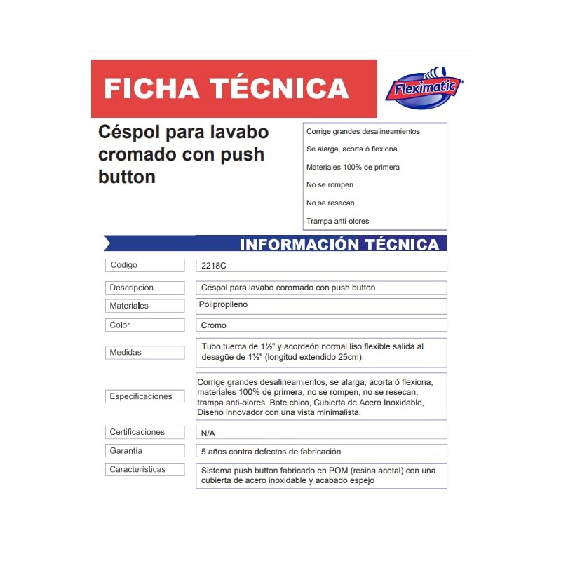 Fleximatic 2218C Céspol para lavabo cromado