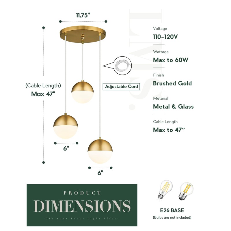 LMS Brushed Gold 3-Light Cluster Pendant Lights, Modern Kitchen Island