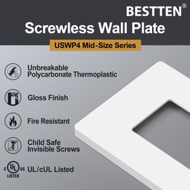 BESTTEN [40 Pack] 1 Gang Screwless Decorative Outlet Covers, Mid-Size Wall Plate, H4.88" x W3.11", Faceplate Cover for Decorator Receptacle Outlet & Switch, USWP4 Glossy Off White, UL Listed