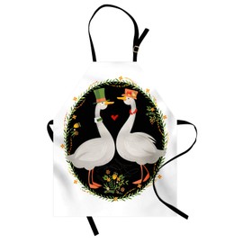 Ambesonne Goose Apron, Retro Style Composition of an Animal Couple in Love Wearing Hats Along Flowers, Unisex Kitchen Bib with Adjustable Neck for Cooking Gardening, Adult Size, Multicolor