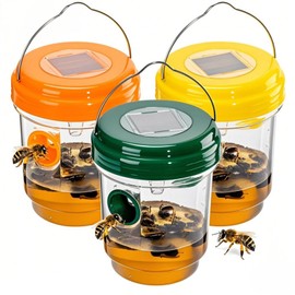 3 Pack Wasp Traps Outdoor Hanging, Solar Bee Trap for Outside with LED Light, Wasp Repellent, Bee Killer, Hornet Deterrent, Yellow Jacket Catcher, Reusable for Garden, Orchard, Indoor
