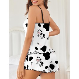Ekouaer Womens Cami Pajama Sets 2 Piece Cute Print Pjs Soft Tank Top & Elastic Waist Shorts Camisole Lounge Set Cow XL