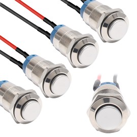 STARELO 5pcs 12mm Latching Push Button Switch Silver Shell with pre-Wiring, IP65 Waterproof Push Button Switch,Stainless Steel 1 Normally Open Without LED.