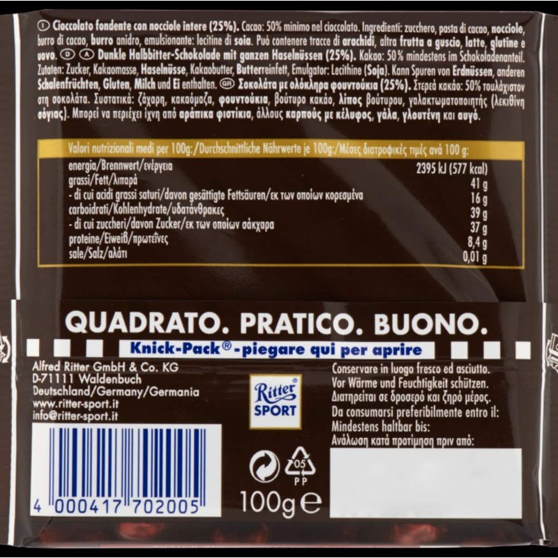 Ritter Sport Dark chocolate with Whole Hazelnuts 3.5-Ounce/100g Bars, pack