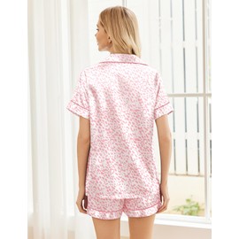 Ekouaer Pajama Sets for Women Silk Satin Pjs Short Sleeve Sleep Top and Shorts Set Summer Sleepwear 2 Piece Lounge Set,Leopard Pink,L
