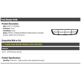 Marketplace Auto Parts Front Lower Bumper Cover Grille - Black - Compatible with 2016-2018 Nissan Altima