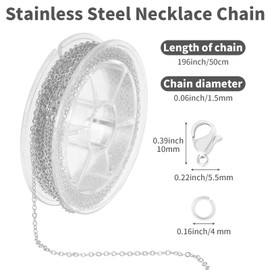 COMNICO 16.4ft Stainless Steel Chain 2.4mm Jewelry Cable Link Chain Roll DIY Craft Supplies Findings with 20pcs Lobster Clasps 50pcs Jump Rings for Making Necklace Earring Bracelet (Silver)