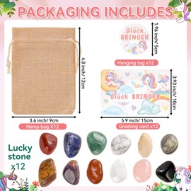 YAOZUP Lucky Stones for Children, Pack of 12 Colourful Lucky Charm Stones with Jute Bag and Lucky Bringer Greeting Cards, Colourful Lucky Stones for Party, Souvenirs, Children's Birthday Party Favours