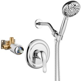 Aolemi Shower Faucet Set Rain Shower Head System Shower Trim Kit Pressure Rough-in Valve Included ABS 8 Setting Single Handheld Spray Polish Chrome