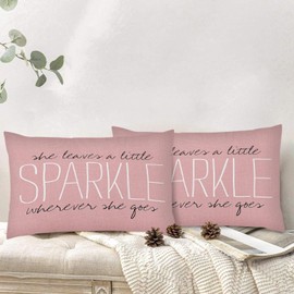 Emvency Set of 2 Throw Pillow Cover Cute Burlap Pink Sparkle Monogram Decorative Home Decor Lumbar 20 x 30 Inch Pillowcase