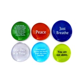 Lifeforce Glass Comfort Stones, Encouraging and Comforting Sayings Imprinted on Translucent and Opaque Glass Stones, for Anyone Facing a Challenge. Set of Six in Gift Box