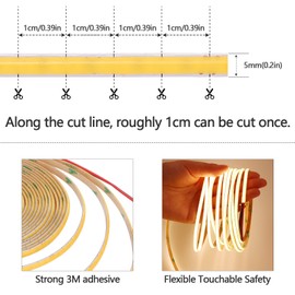 GOMING 12V 5mm Width COB LED Strip Light Warm White 3000K 16.4ft(5M) 2000LEDs CRI 93+ Uniform Glow Flexible Not Waterproof IP20 LED Tape Lights for DIY Bedroom Kitchen Home Decor(No Power Supply)