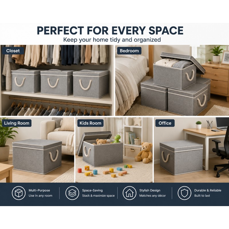 3-Pack Foldable Storage Bins with Lids, Foldable Baskets with Handles,