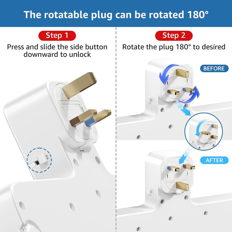 Plug Extension Socket with 180 Degree Rotating UK Plug, 3