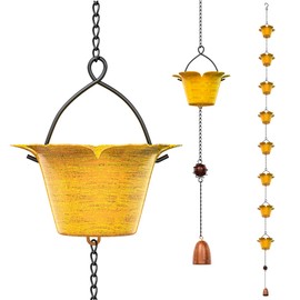 KHayRovies 7.74ft Rain Chains for Outside, 8 Bell Cups Copper Rain Gutter Chains, Metal Rain Catcher Chain for Eaves Drainage, Garden Rainwater Diverter Replacement Downspout (Yellow)