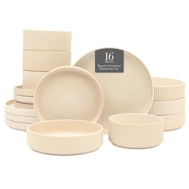 Gibson Elite Deerfield 16-Piece Stoneware Dinnerware Set – Cream White Reactive Glaze Plates and Bowls, Stackable Design, Service for 4 – Dishwasher & Microwave Safe